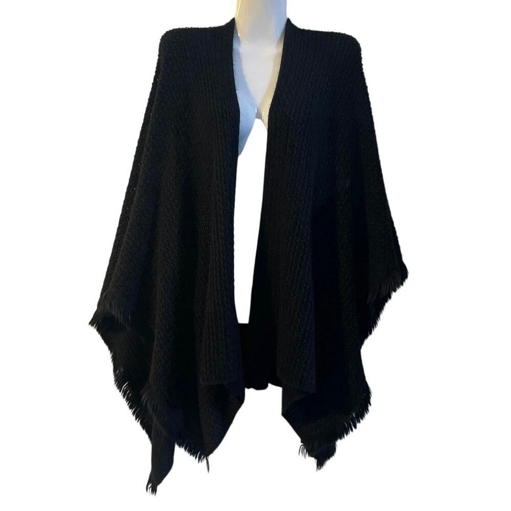 Van Heusen Open Front Knit Shawl Wrap Poncho Fringe Hem One Size Boho Artsy